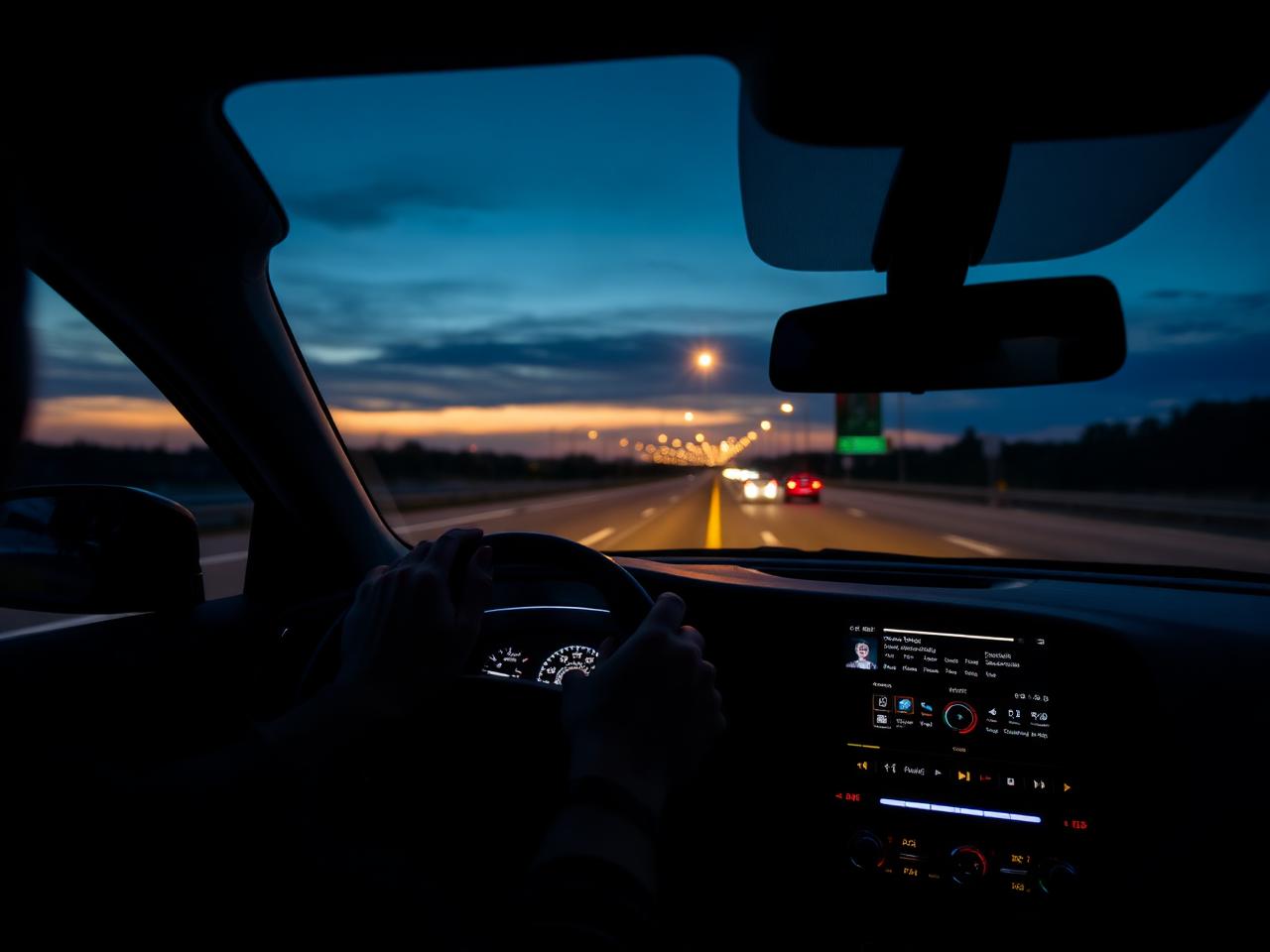 Driver listening to a streaming radio channel on a car dashboard screen at dusk